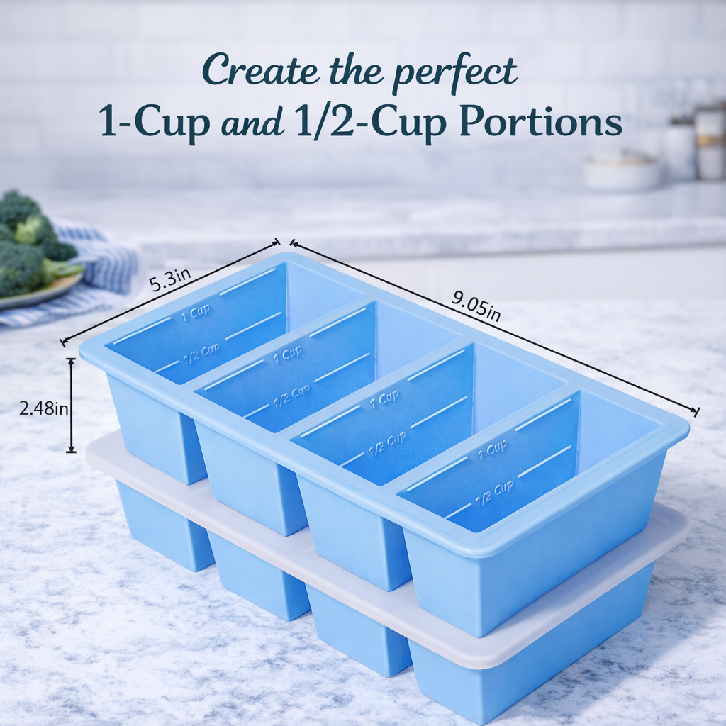 Bayofi® Silicone Freezer Tray with Lid – 4-Cavity Food Storage Mold for Soup, Sauce & Meal Prep (1 Cup / 1⁄2 Cup Portions)