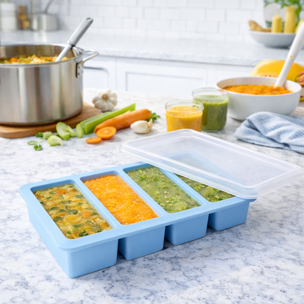 Bayofi® Silicone Freezer Tray with Lid – 4-Cavity Food Storage Mold for Soup, Sauce & Meal Prep (1 Cup / 1⁄2 Cup Portions)