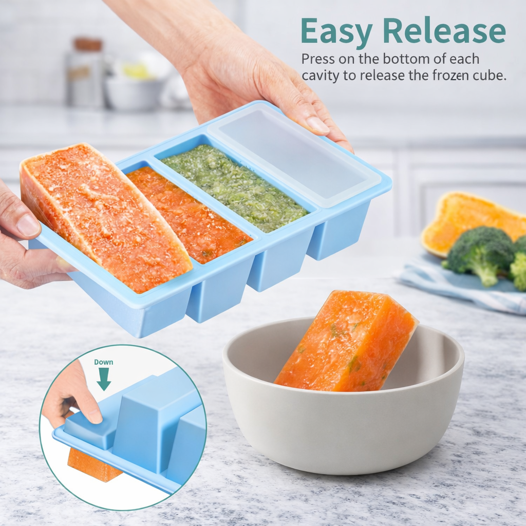 Bayofi® Silicone Freezer Tray with Lid – 4-Cavity Food Storage Mold for Soup, Sauce & Meal Prep (1 Cup / 1⁄2 Cup Portions)