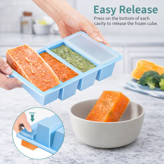 Bayofi® Silicone Freezer Tray with Lid – 4-Cavity Food Storage Mold for Soup, Sauce & Meal Prep (1 Cup / 1⁄2 Cup Portions)