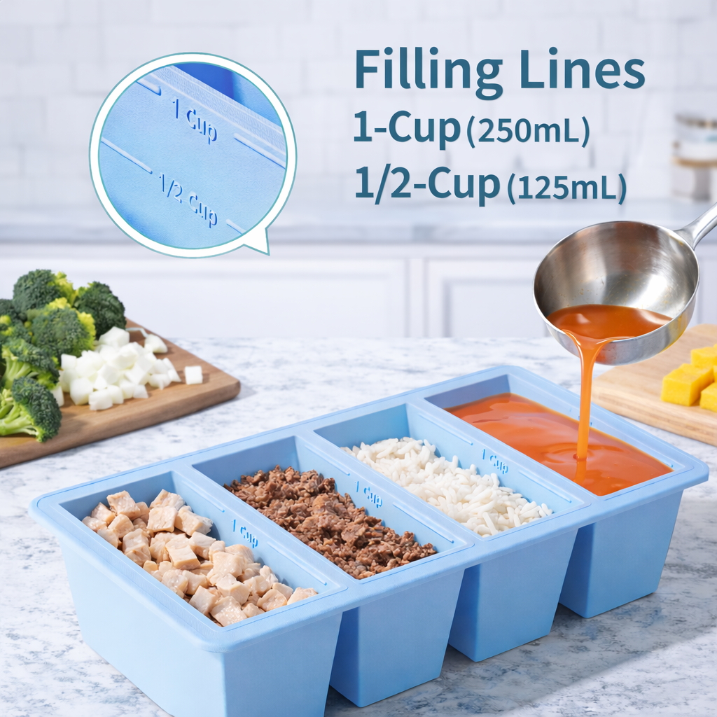 Bayofi® Silicone Freezer Tray with Lid – 4-Cavity Food Storage Mold for Soup, Sauce & Meal Prep (1 Cup / 1⁄2 Cup Portions)